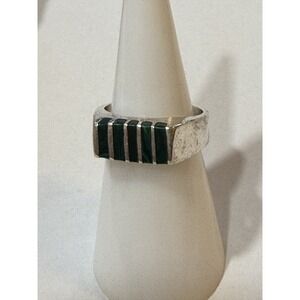 Designer Mexico 925 Sterling Silver Green Malachite Inlay Striped Band Ring